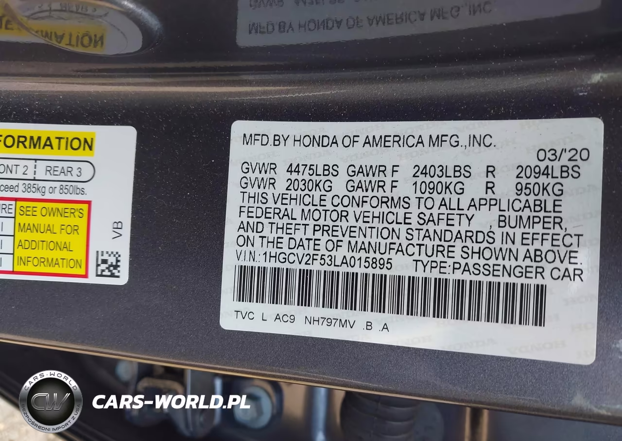 2020 Honda Accord Ex-L 2.0T VIN:1HGCV2F53LA015895 - 9