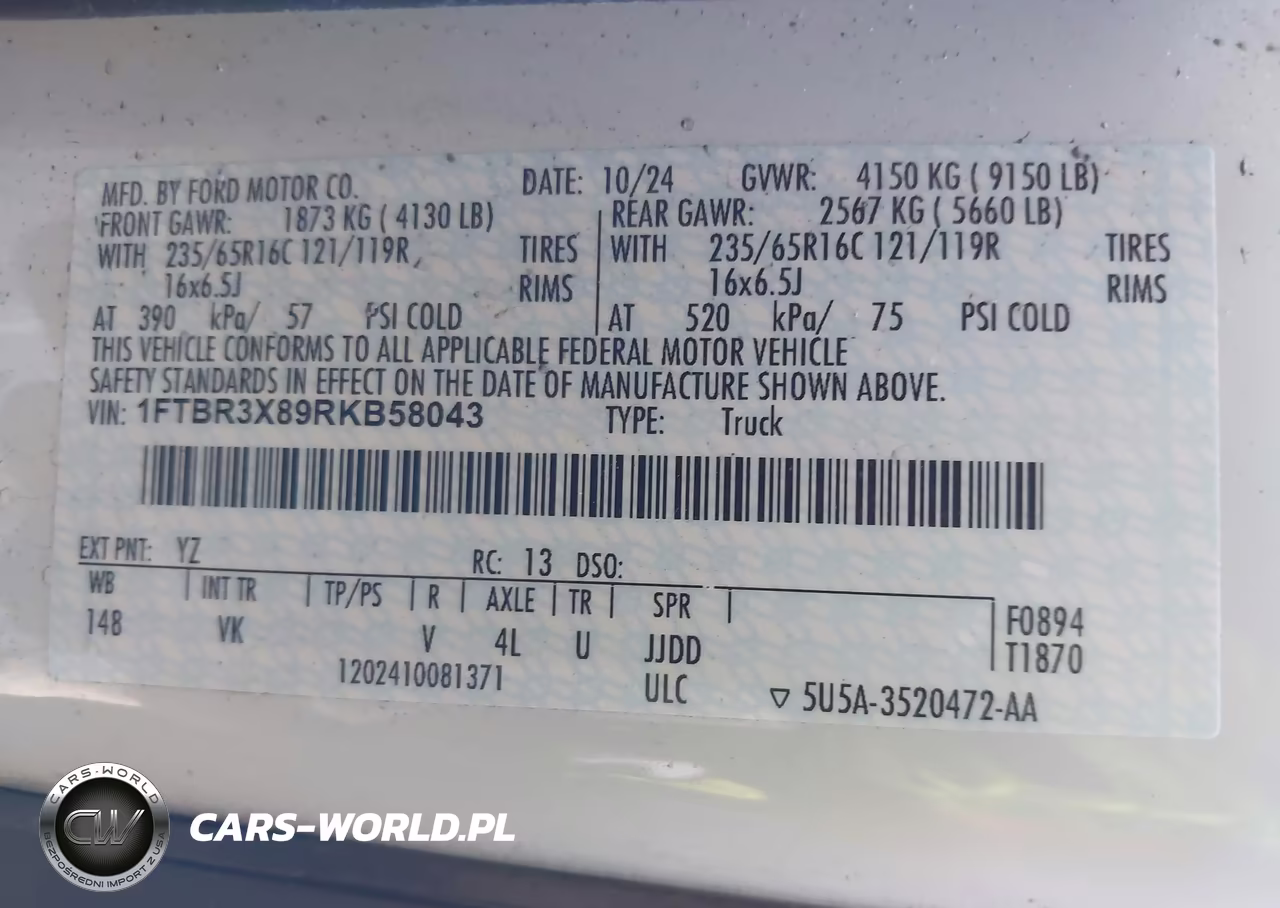 2024 Ford Transit-250 Cargo Van VIN:1FTBR3X89RKB58043 - 9