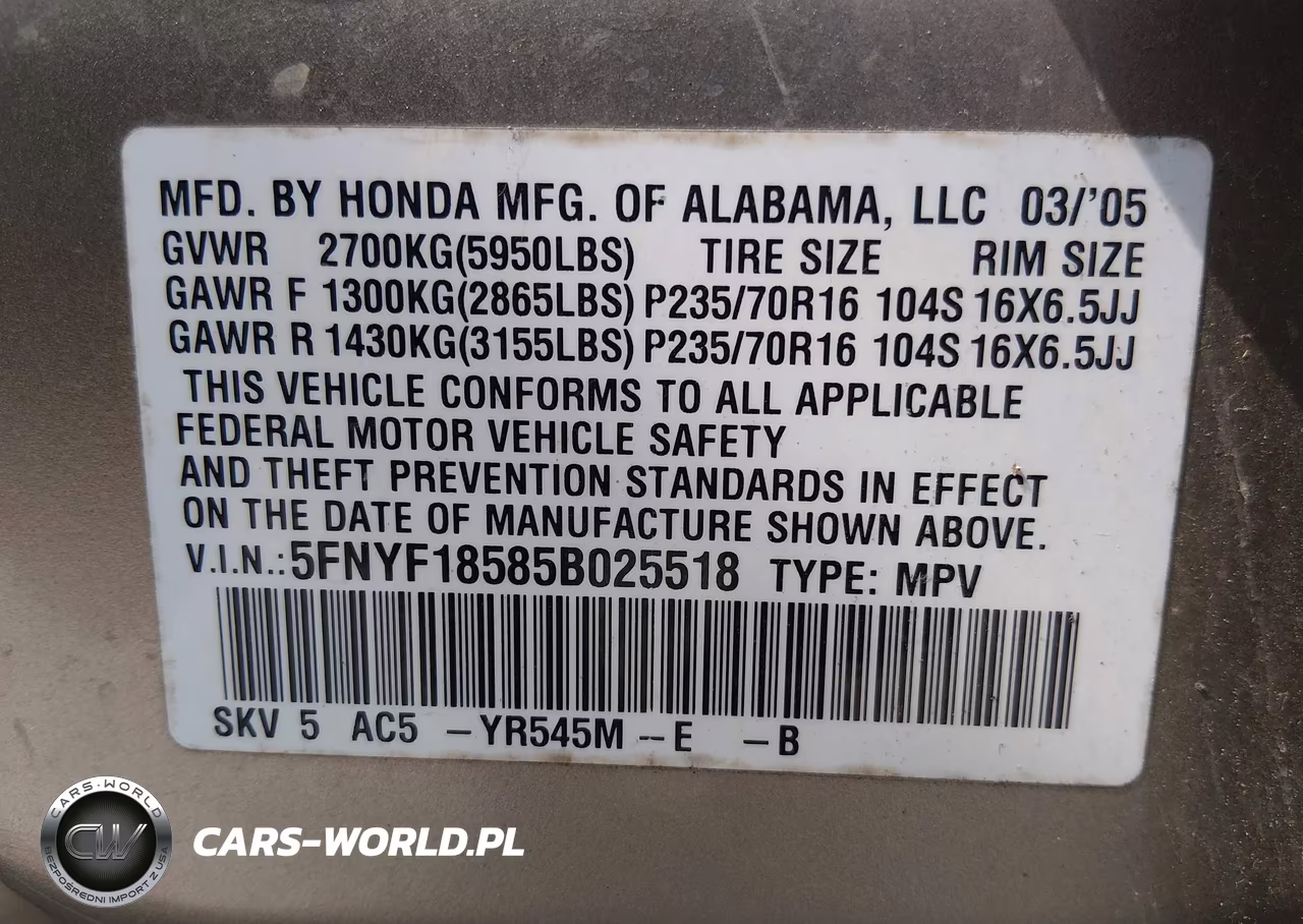 2005 Honda Pilot Ex-L VIN:5FNYF18585B025518 - 9