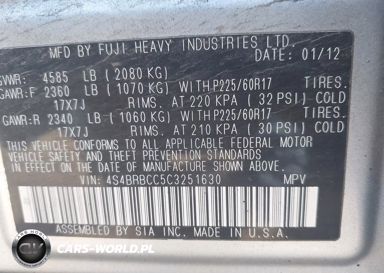 2012 Subaru Outback 2.5I Premium VIN:4S4BRBCC5C3251630 - 9