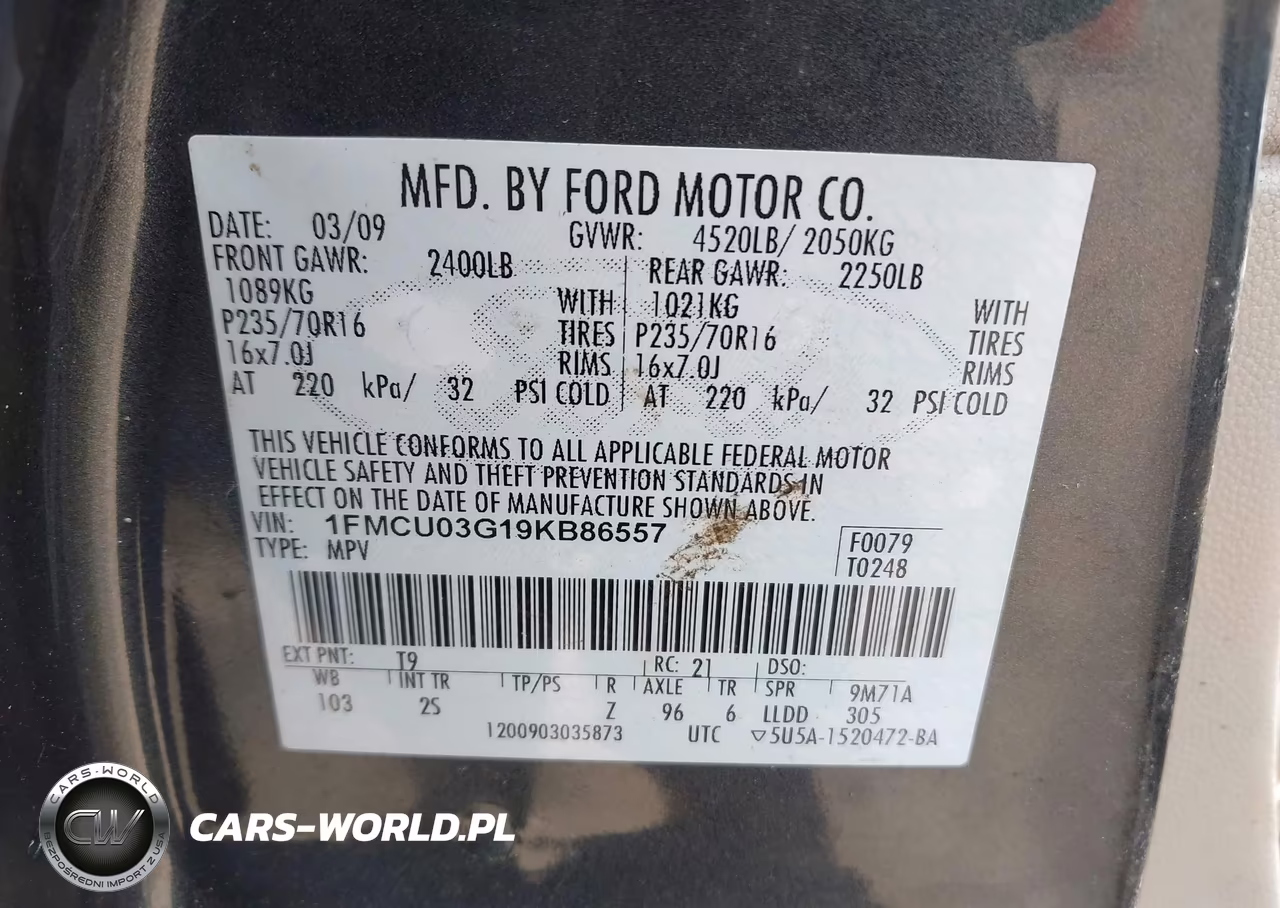 2009 Ford Escape Xlt VIN:1FMCU03G19KB86557 - 9
