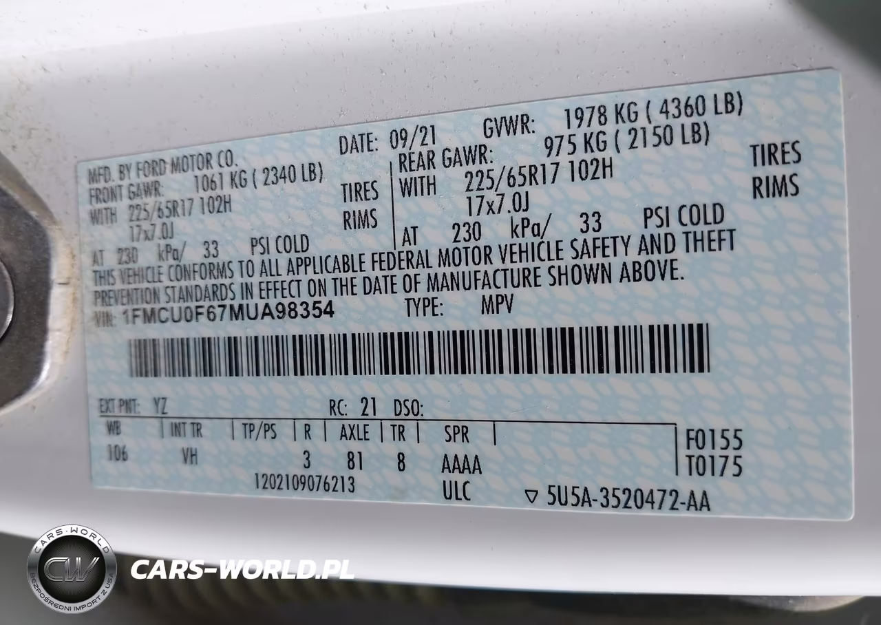 2021 Ford Escape S VIN:1FMCU0F67MUA98354 - 9