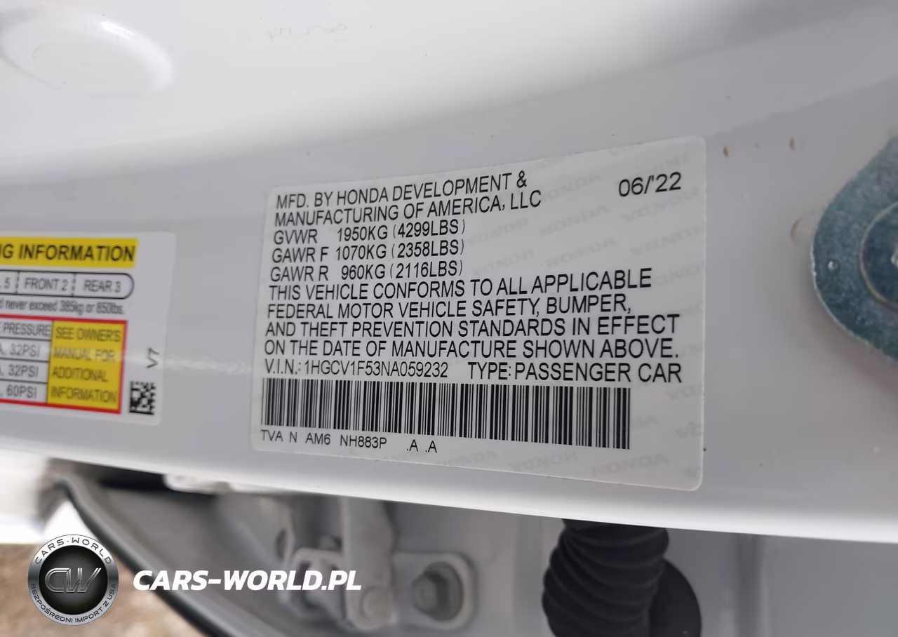 2022 Honda Accord Ex-L VIN:1HGCV1F53NA059232 - 9
