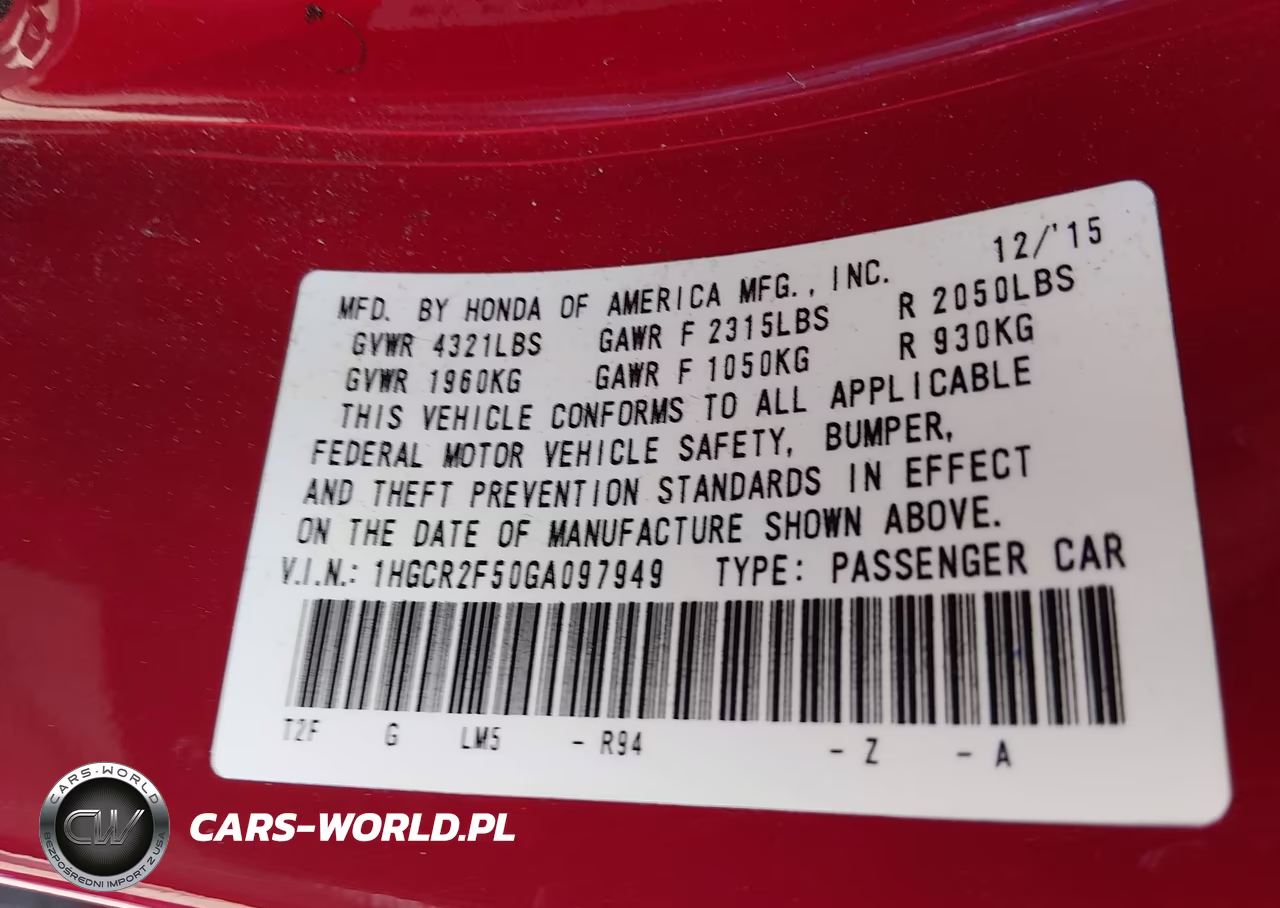 2016 Honda Accord Sport VIN:1HGCR2F50GA097949 - 9