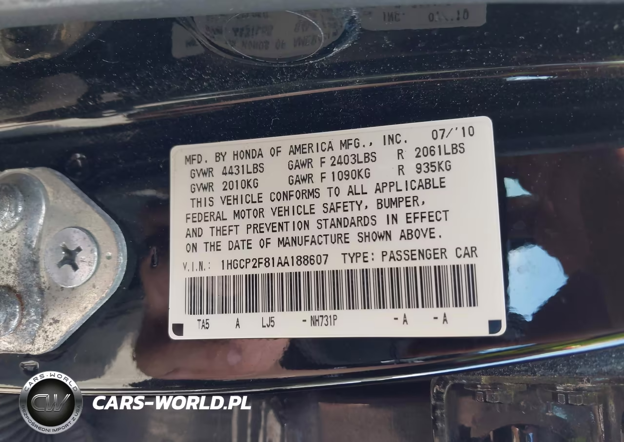 2010 Honda Accord 2.4 Ex-L VIN:1HGCP2F81AA188607 - 9