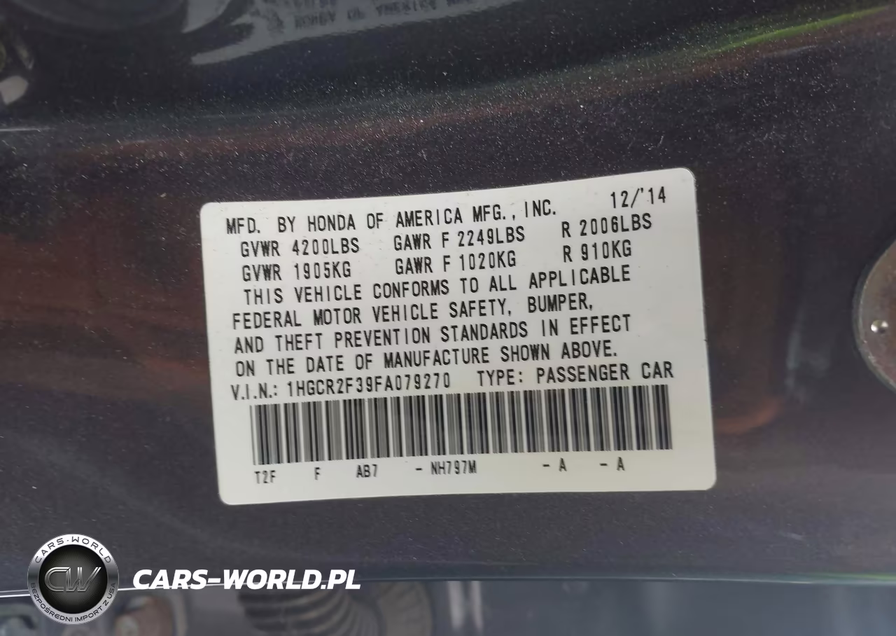 2015 Honda Accord Lx VIN:1HGCR2F39FA079270 - 9