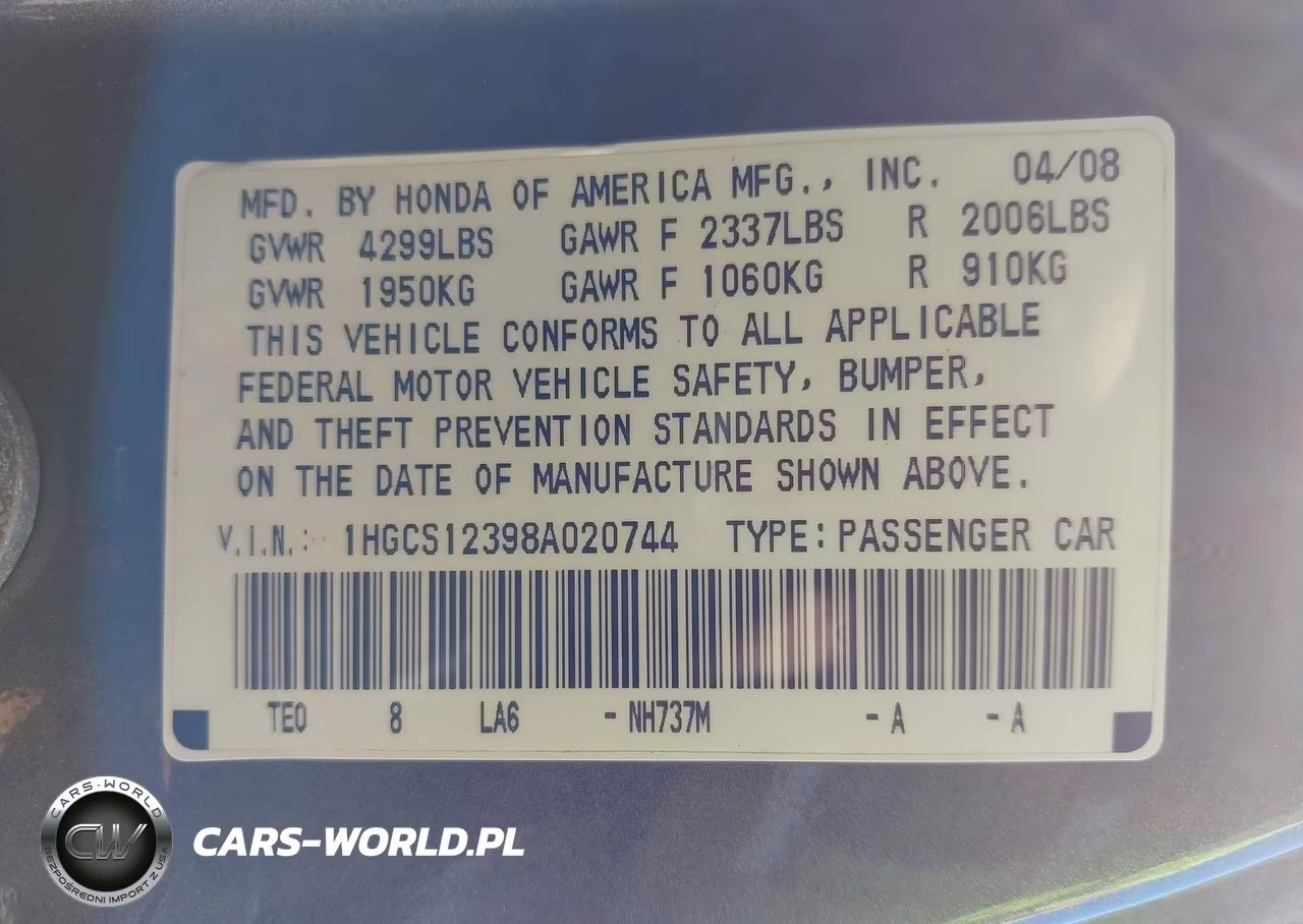 2008 Honda Accord 2.4 Lx-S VIN:1HGCS12398A020744 - 9