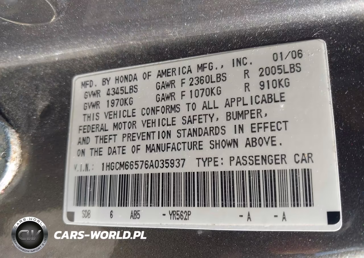 2006 Honda Accord 3.0 Ex VIN:1HGCM66576A035937 - 9