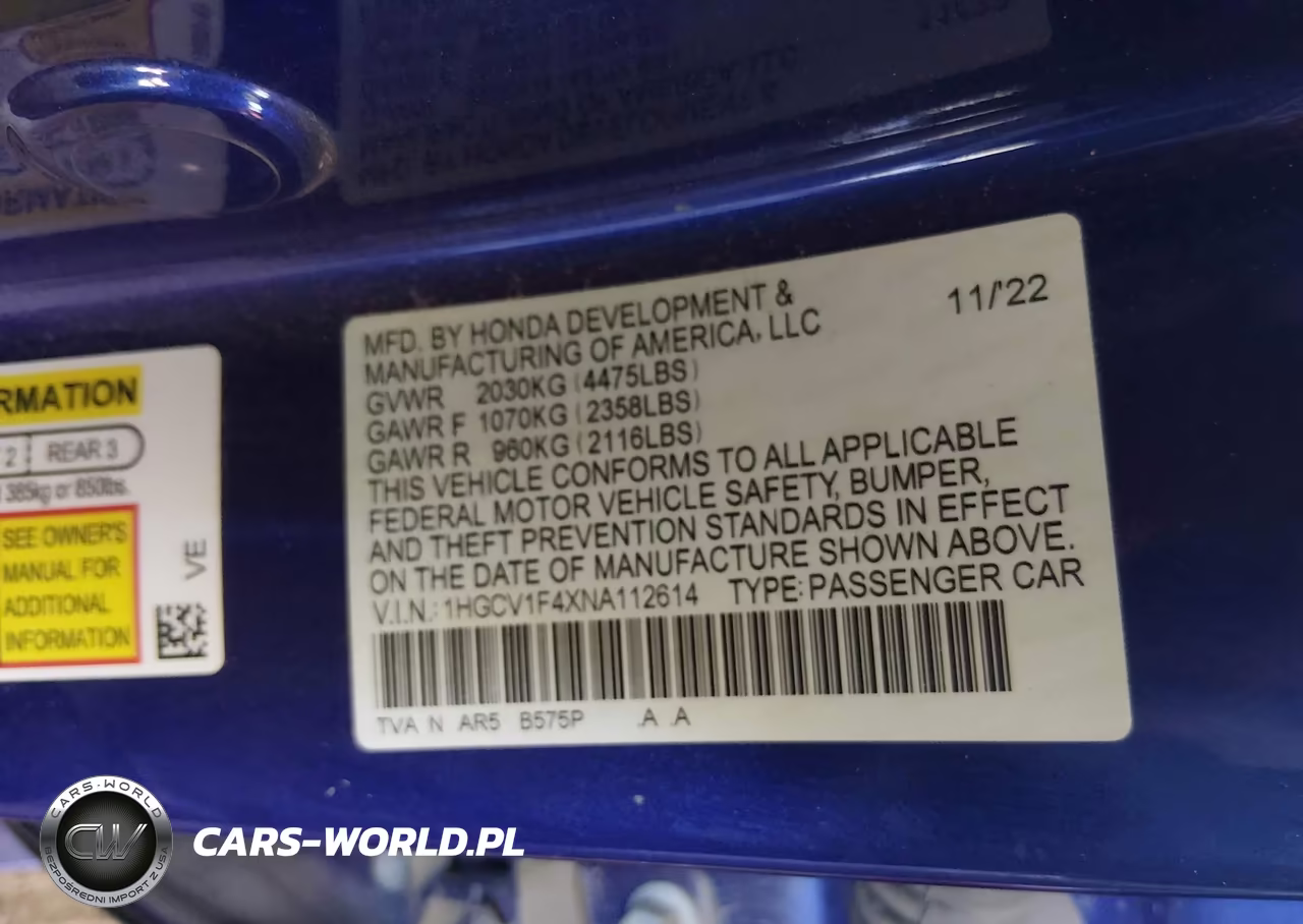 2022 Honda Accord Sport Special Edition VIN:1HGCV1F4XNA112614 - 9