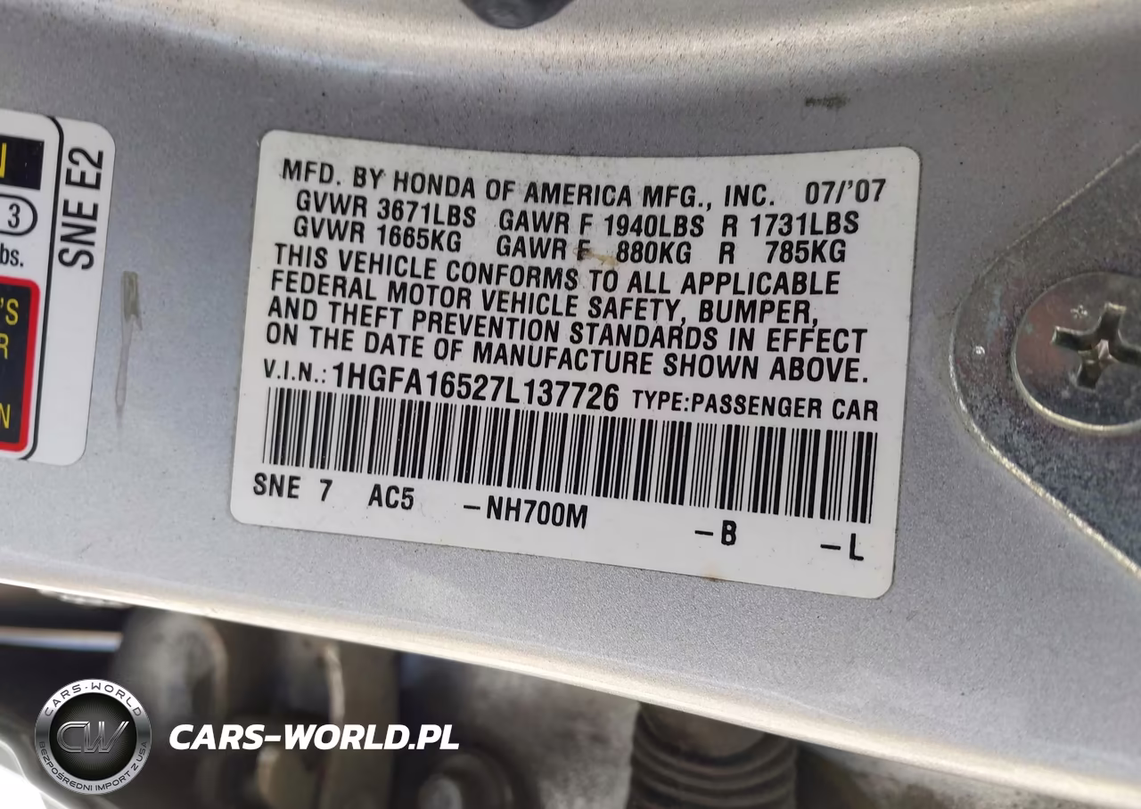 2007 Honda Civic Lx VIN:1HGFA16527L137726 - 9