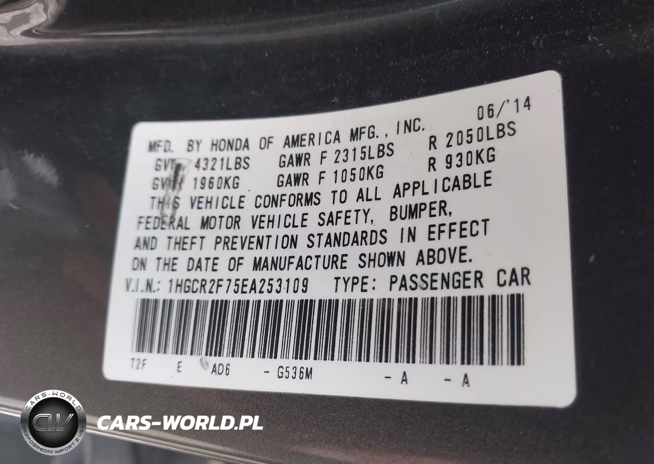 2014 Honda Accord Ex VIN:1HGCR2F75EA253109 - 9