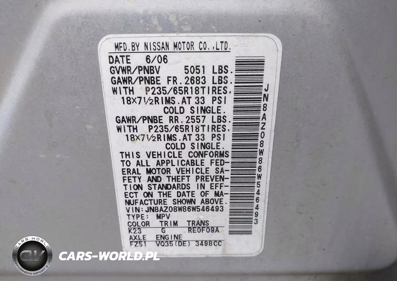 2006 Nissan Murano S VIN:JN8AZ08W86W546493 - 9