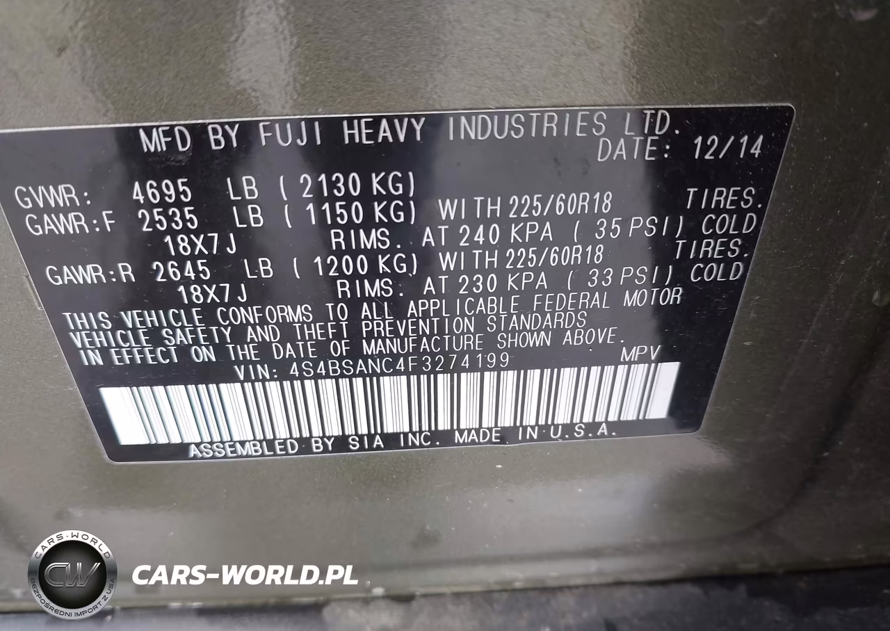 2015 Subaru Outback 2.5I Limited VIN:4S4BSANC4F3274199 - 9