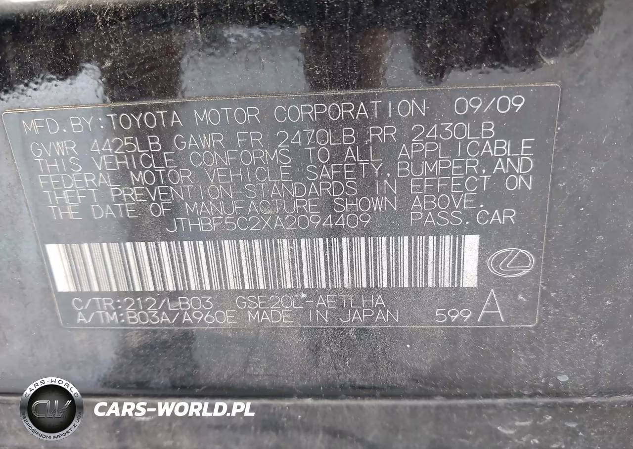 2010 Lexus Is 250 VIN:JTHBF5C2XA2094409 - 9