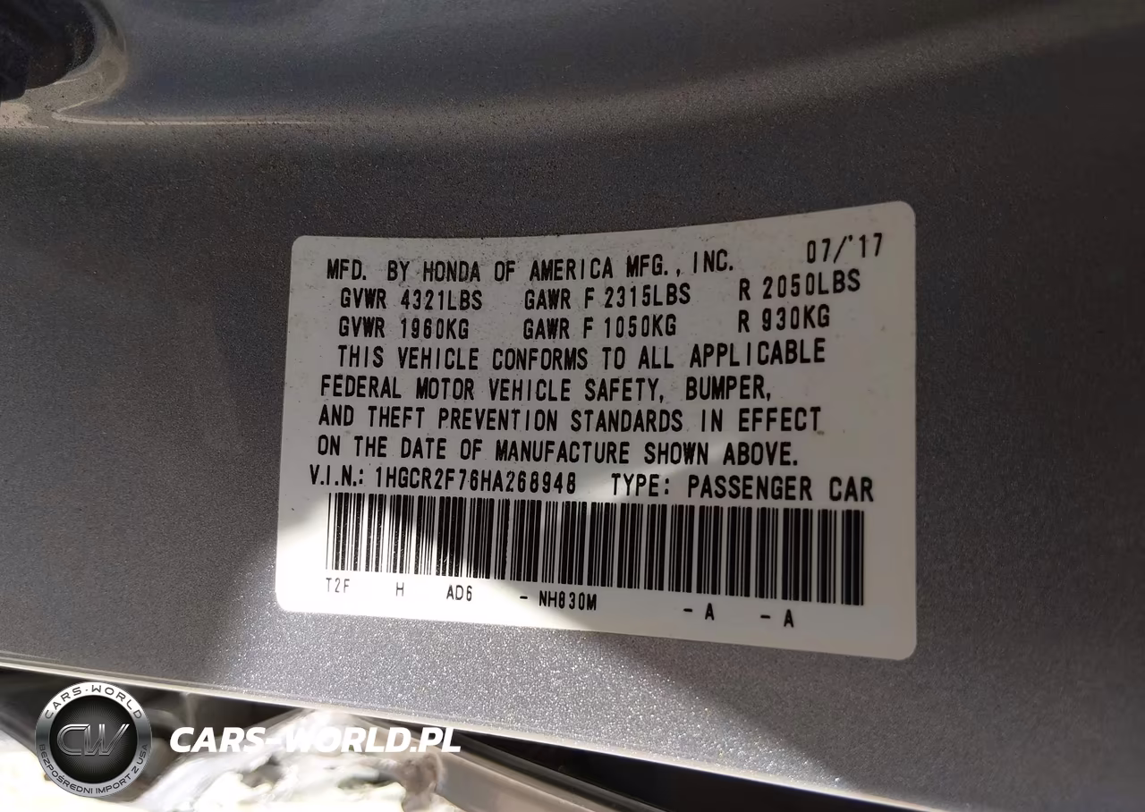2017 Honda Accord Ex VIN:1HGCR2F76HA268948 - 9