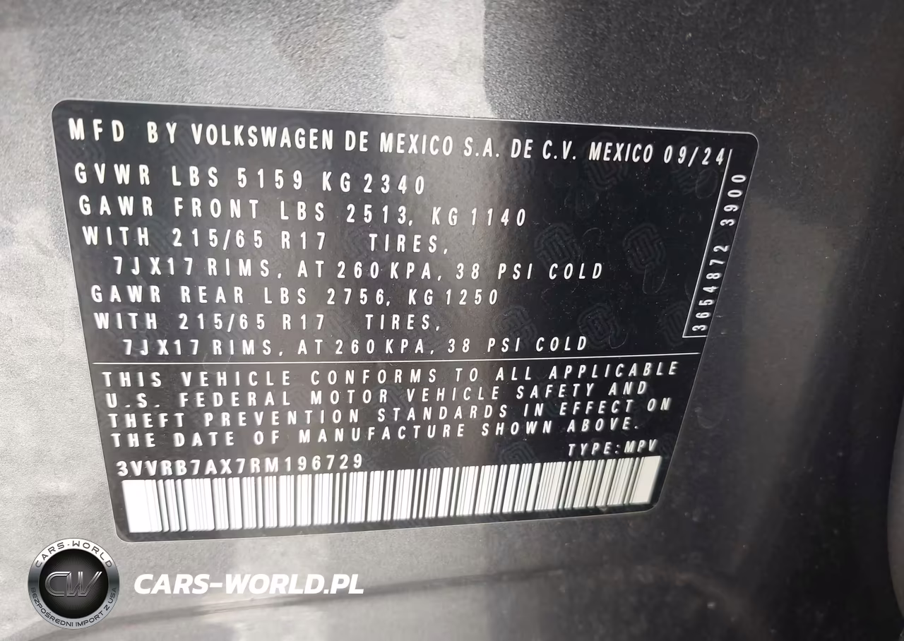 2024 Volkswagen Tiguan 2.0T S VIN:3VVRB7AX7RM196729 - 9