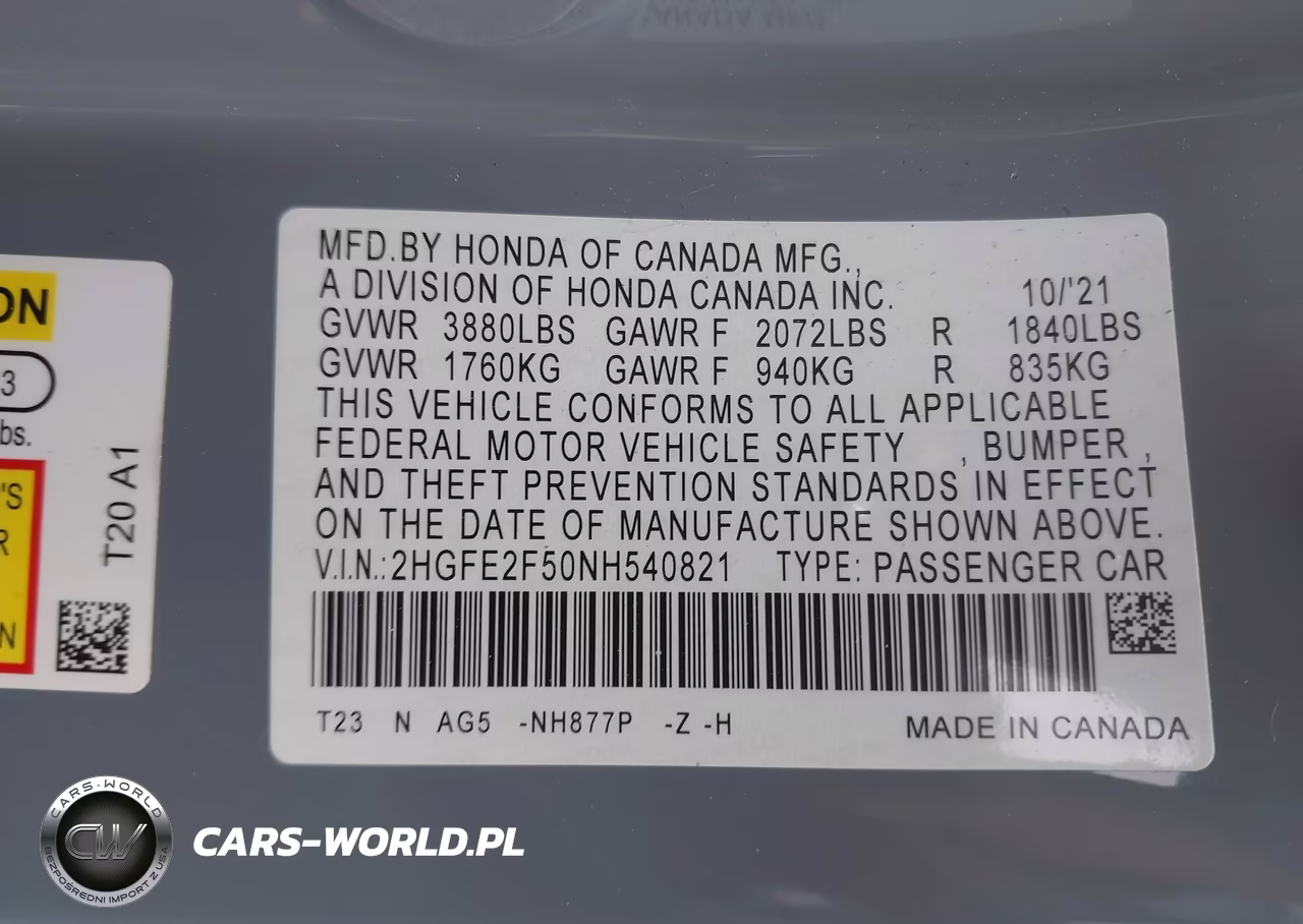 2022 Honda Civic Sport VIN:2HGFE2F50NH540821 - 9