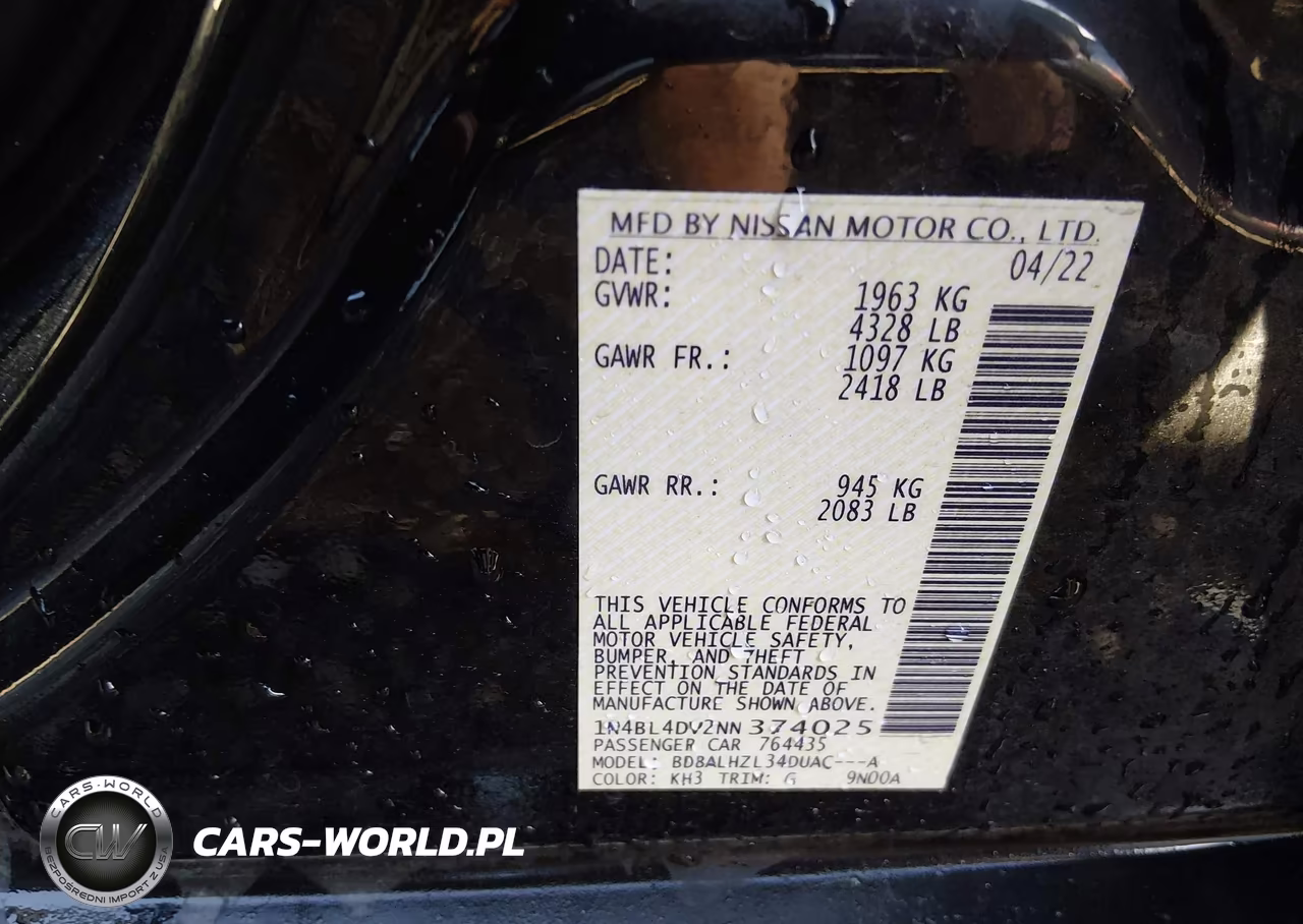 2022 Nissan Altima Sv Fwd VIN:1N4BL4DV2NN374025 - 9