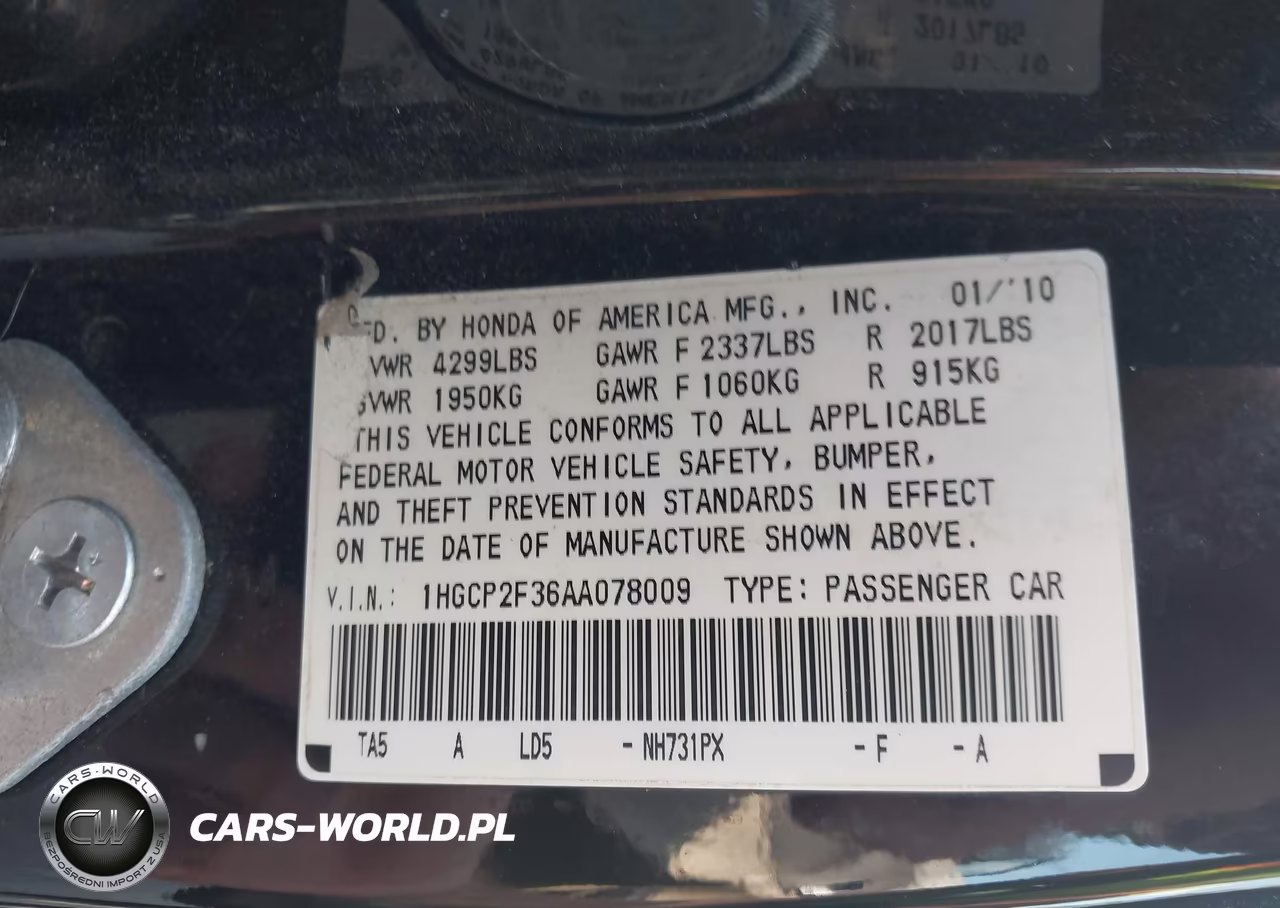 2010 Honda Accord 2.4 Lx VIN:1HGCP2F36AA078009 - 9
