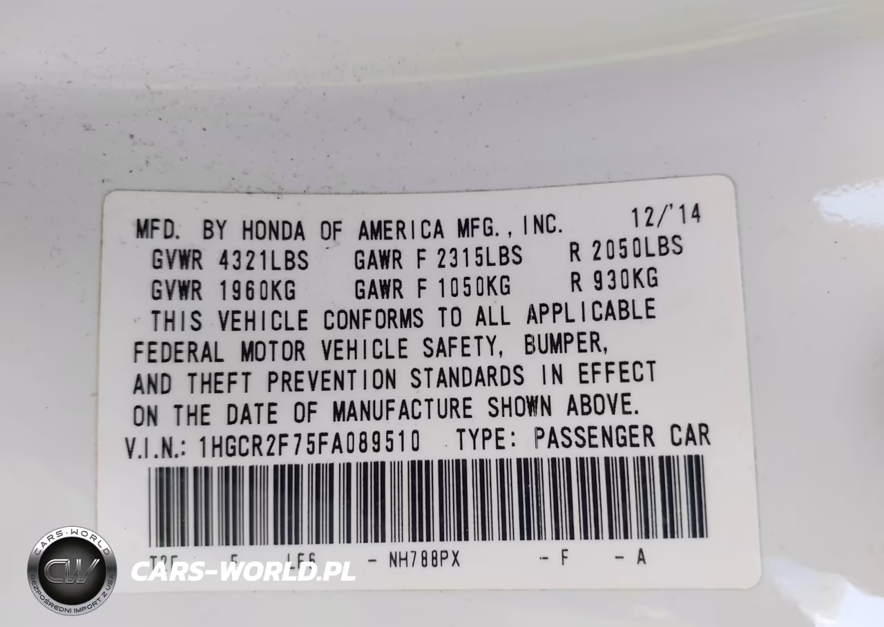 2015 Honda Accord Ex VIN:1HGCR2F75FA089510 - 9