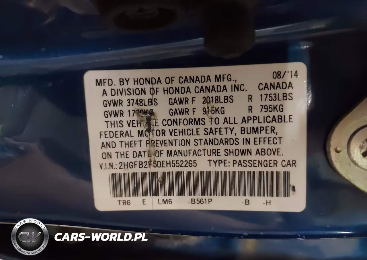 2014 Honda Civic Lx VIN:2HGFB2F50EH552265 - 9