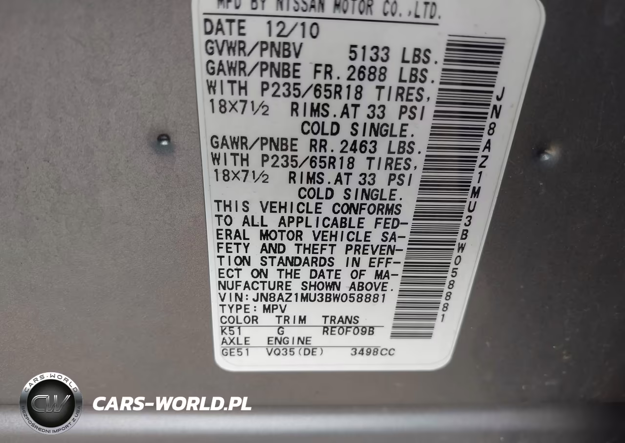 2011 Nissan Murano Sv VIN:JN8AZ1MU3BW058881 - 9