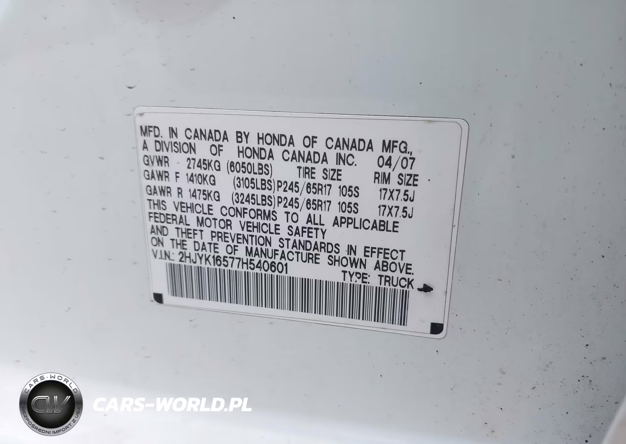 2007 Honda Ridgeline Rtl VIN:2HJYK16577H540601 - 9