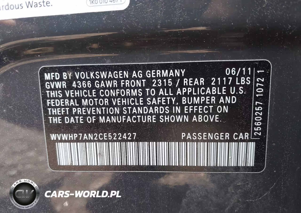 2012 Volkswagen Cc Lux VIN:WVWHP7AN2CE522427 - 9