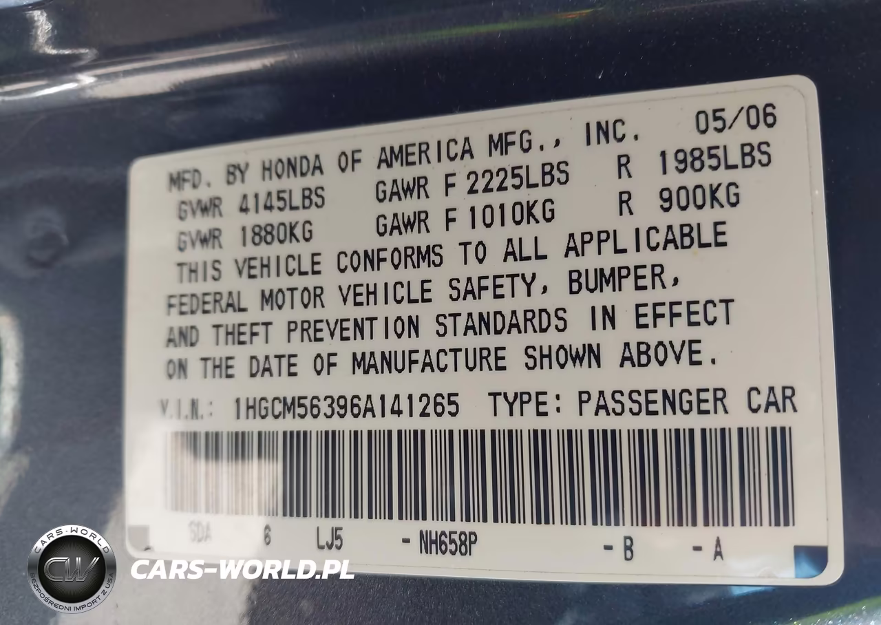 2006 Honda Accord 2.4 Se VIN:1HGCM56396A141265 - 9