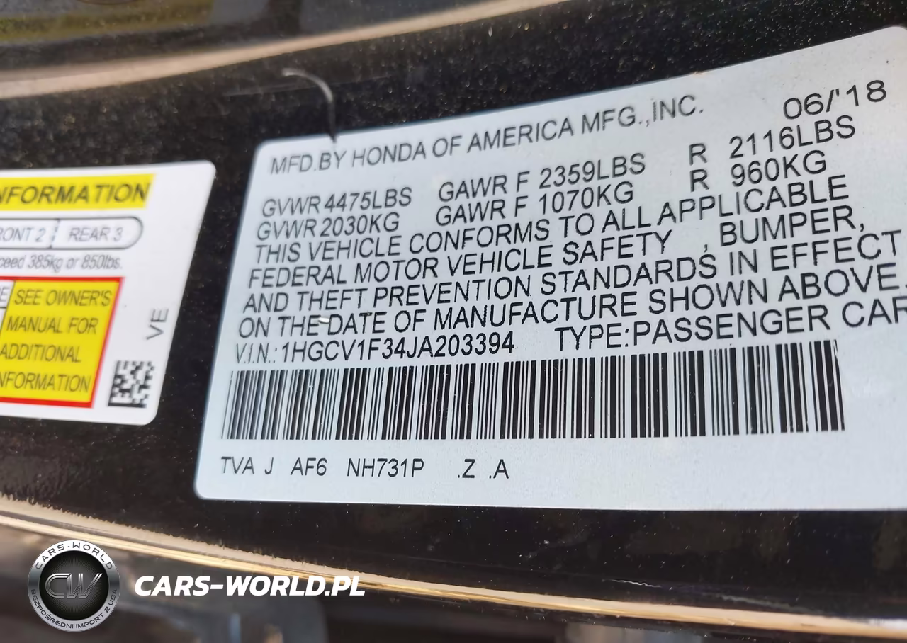 2018 Honda Accord Sport VIN:1HGCV1F34JA203394 - 9