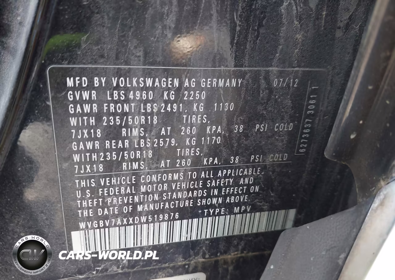 2013 Volkswagen Tiguan Se VIN:WVGBV7AXXDW519876 - 9