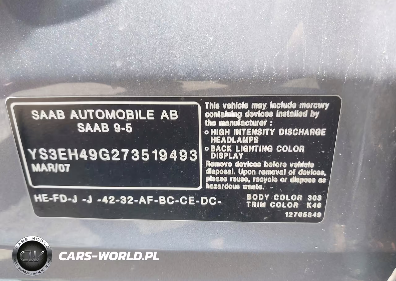 2007 Saab 9-5 2.3T W-Aero Package VIN:YS3EH49G273519493 - 9
