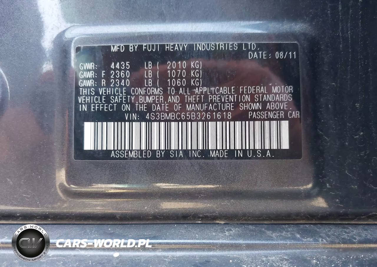 2011 Subaru Legacy 2.5I Premium VIN:4S3BMBC65B3261618 - 9