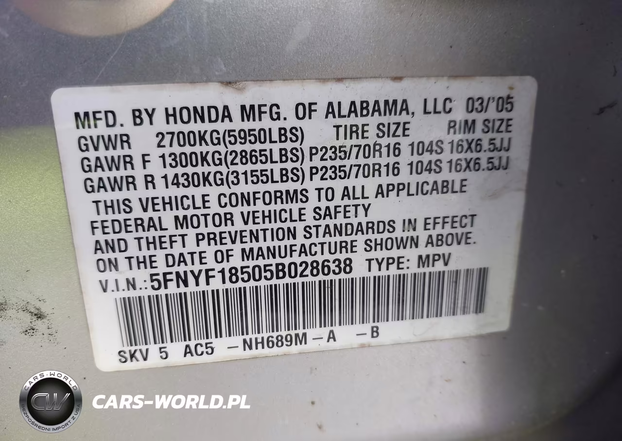 2005 Honda Pilot Ex-L VIN:5FNYF18505B028638 - 9