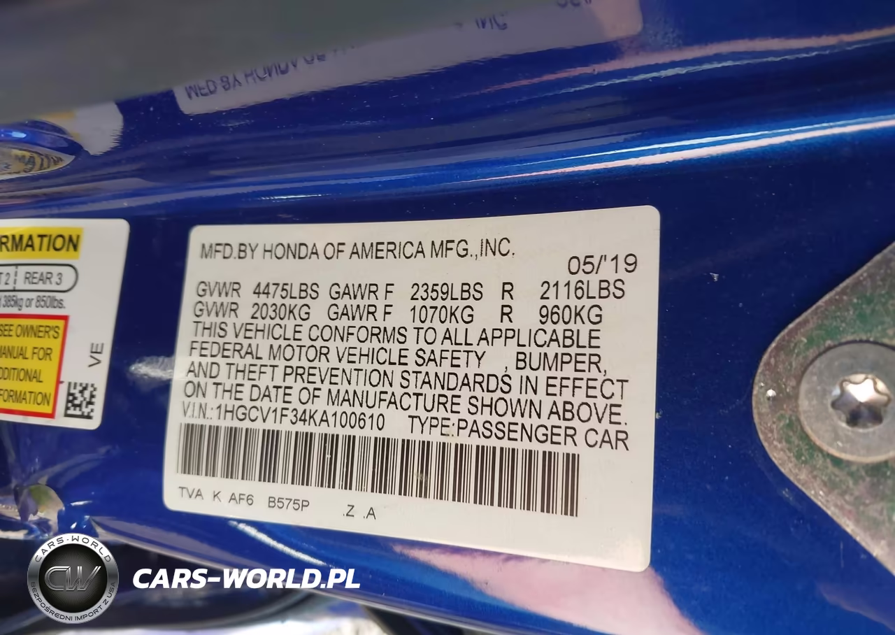 2019 Honda Accord Sport VIN:1HGCV1F34KA100610 - 9
