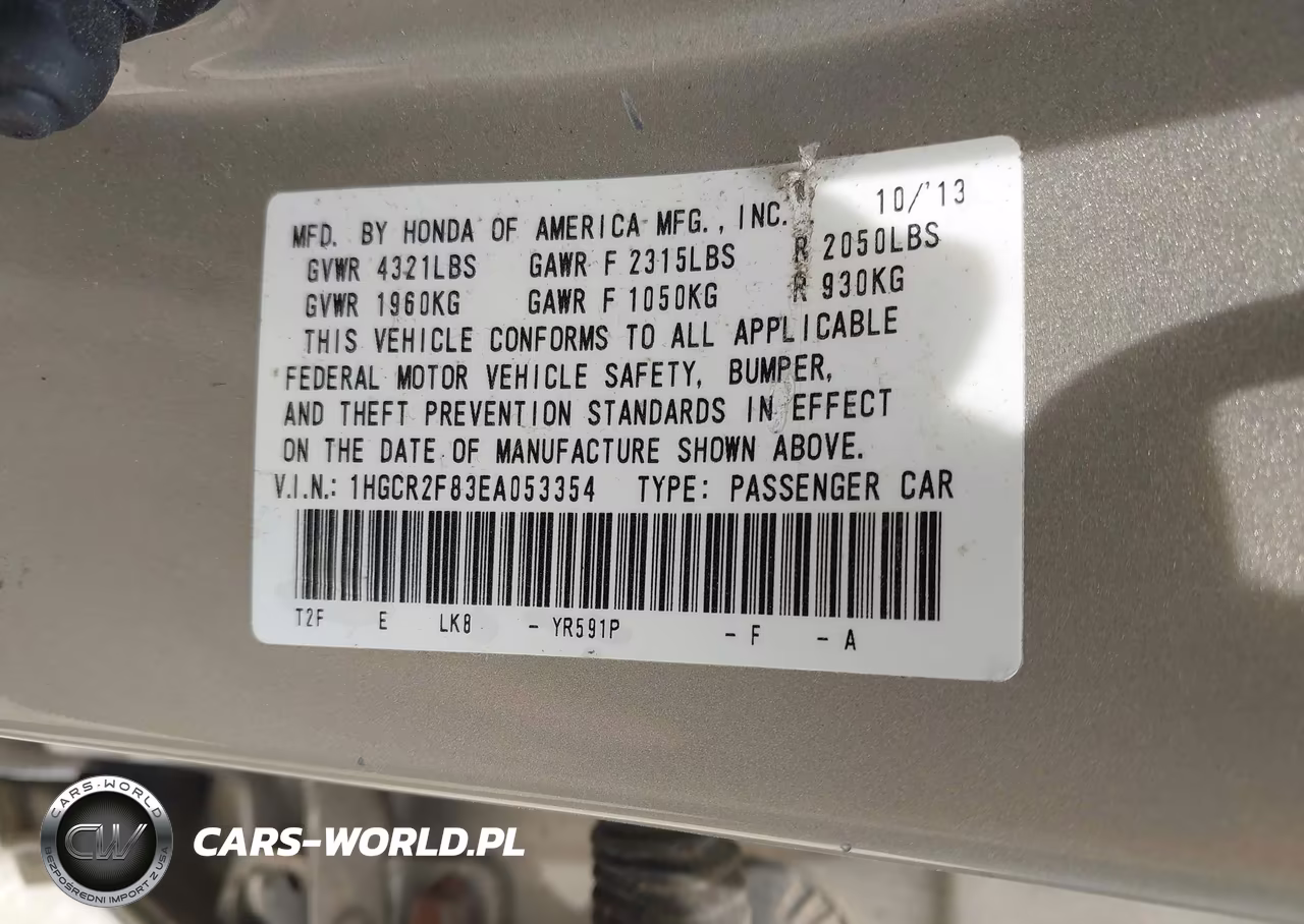 2014 Honda Accord Ex-L VIN:1HGCR2F83EA053354 - 9