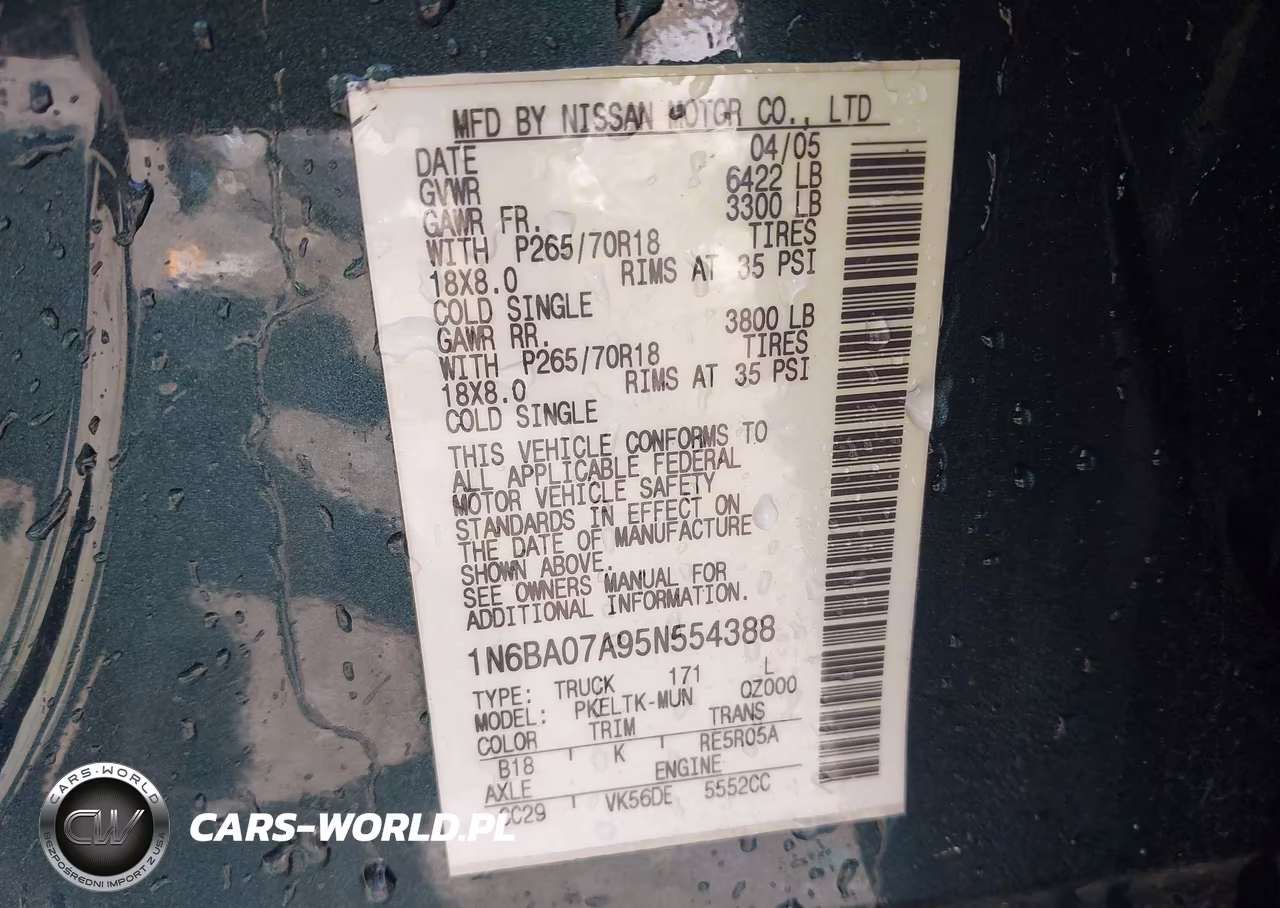 2005 Nissan Titan Se VIN:1N6BA07A95N554388 - 9