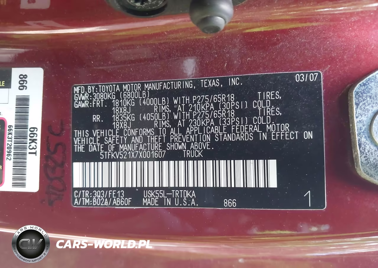 2007 Toyota Tundra Base 5.7L V8 VIN:5TFKV521X7X001607 - 9