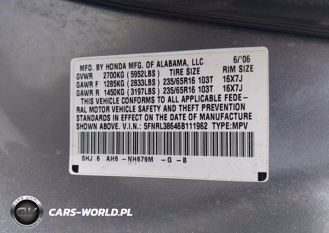 2006 Honda Odyssey Ex-L VIN:5FNRL38646B111962 - 9