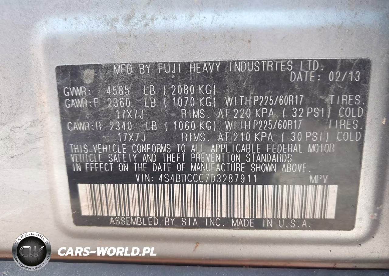 2013 Subaru Outback 2.5I Premium VIN:4S4BRCCC7D3287911 - 9