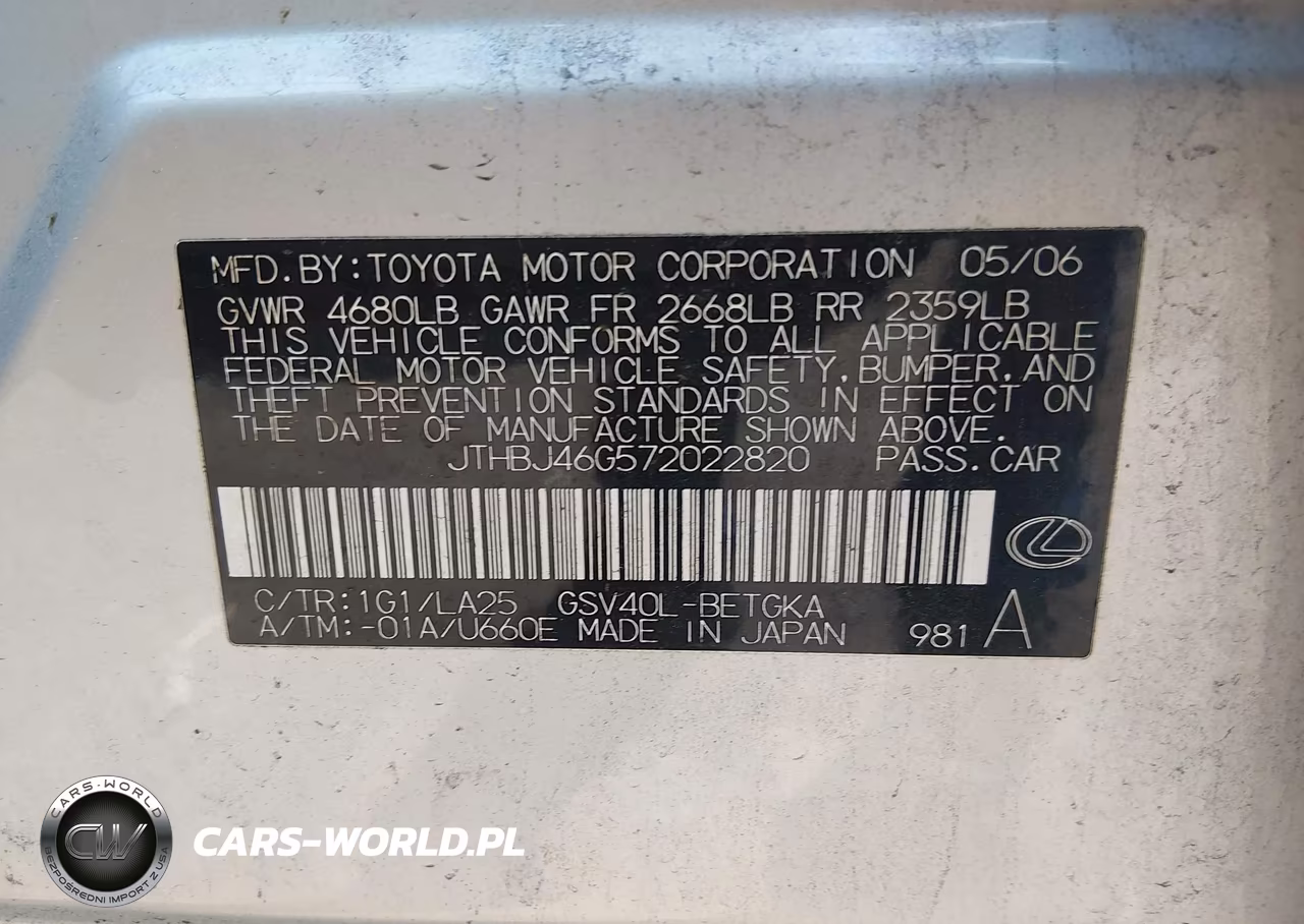2007 Lexus Es 350 VIN:JTHBJ46G572022820 - 9