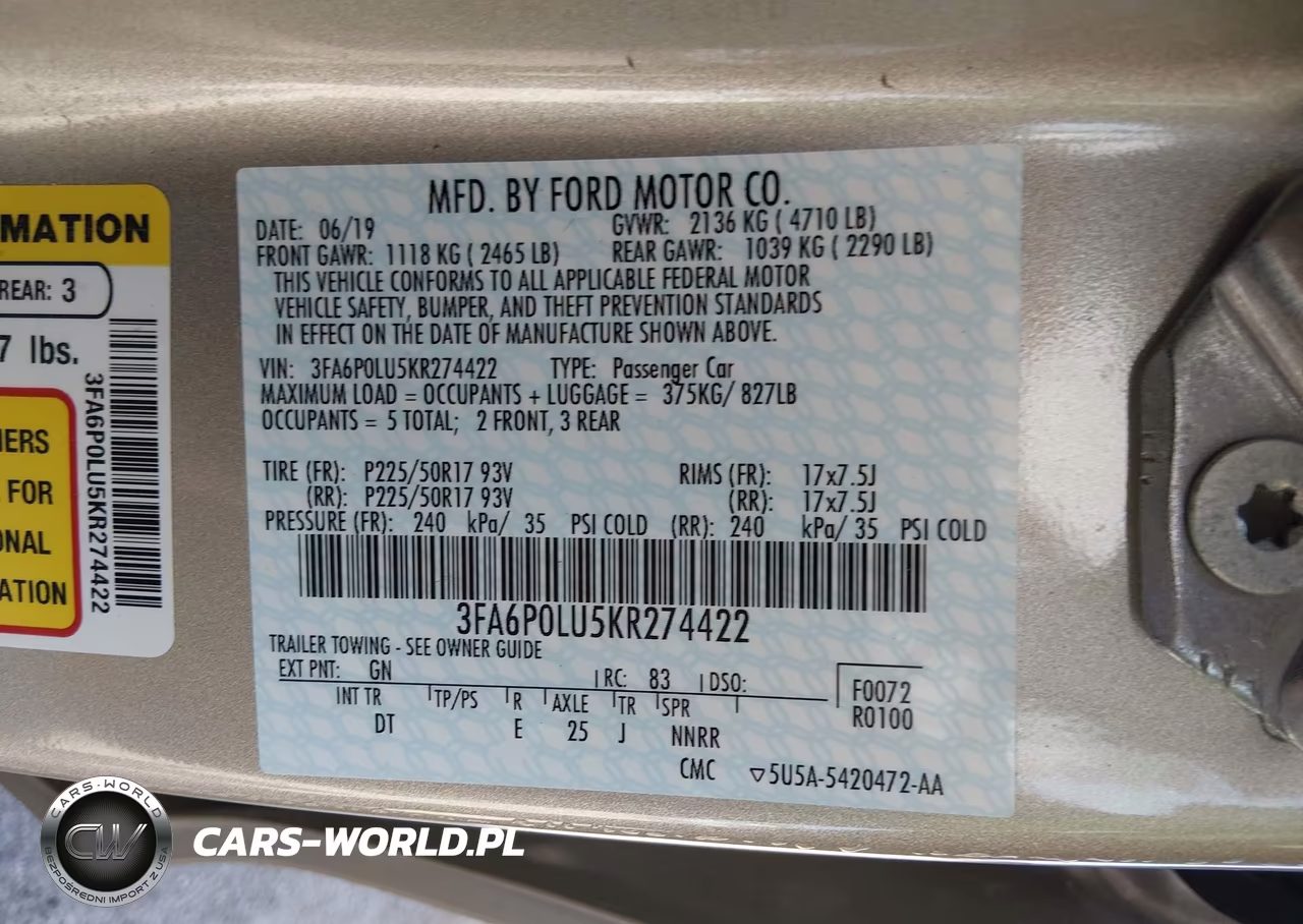 2019 Ford Fusion Hybrid Se VIN:3FA6P0LU5KR274422 - 9
