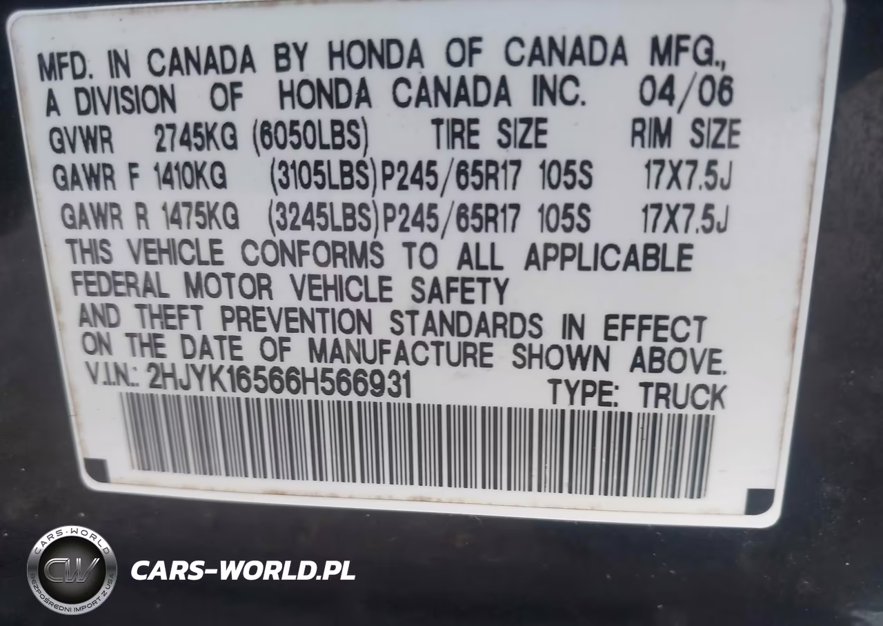 2006 Honda Ridgeline Rtl VIN:2HJYK16566H566931 - 9