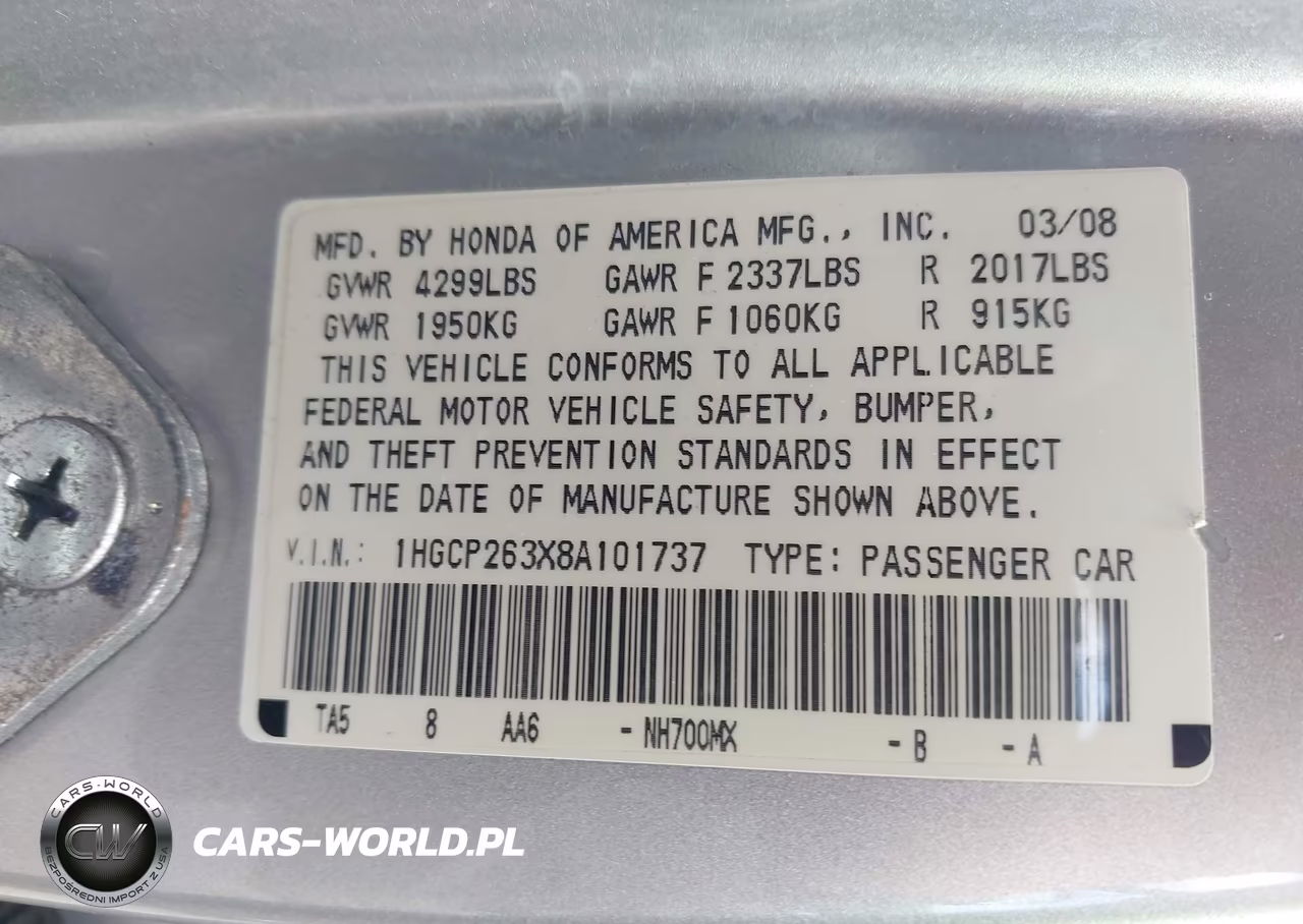 2008 Honda Accord 2.4 Lx VIN:1HGCP263X8A101737 - 9