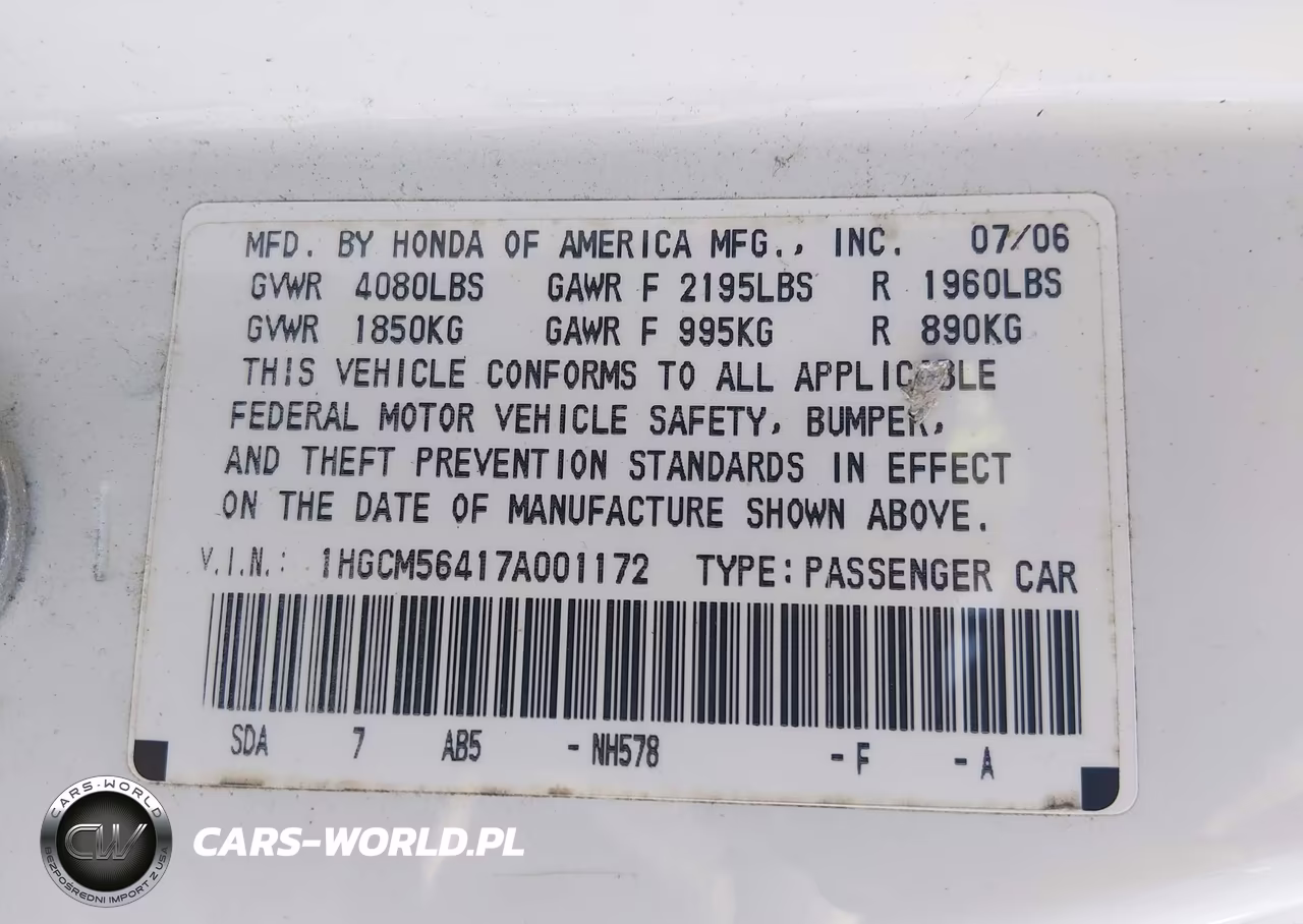 2007 Honda Accord 2.4 Lx VIN:1HGCM56417A001172 - 9