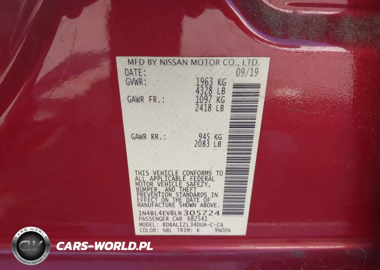 2020 Nissan Altima Sl Fwd VIN:1N4BL4EV8LN305724 - 9