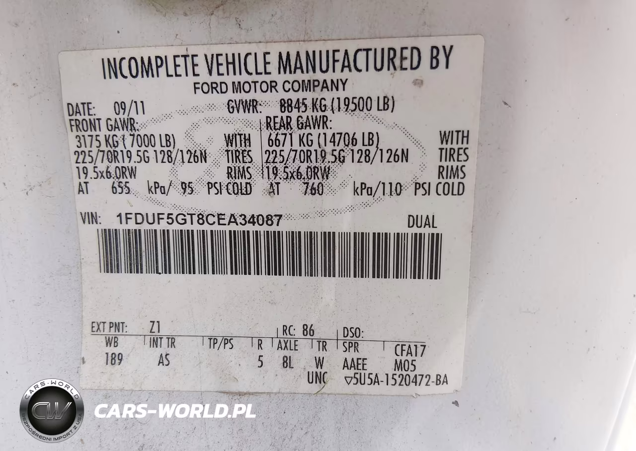 2012 Ford F-550 Chassis Xl VIN:1FDUF5GT8CEA34087 - 8