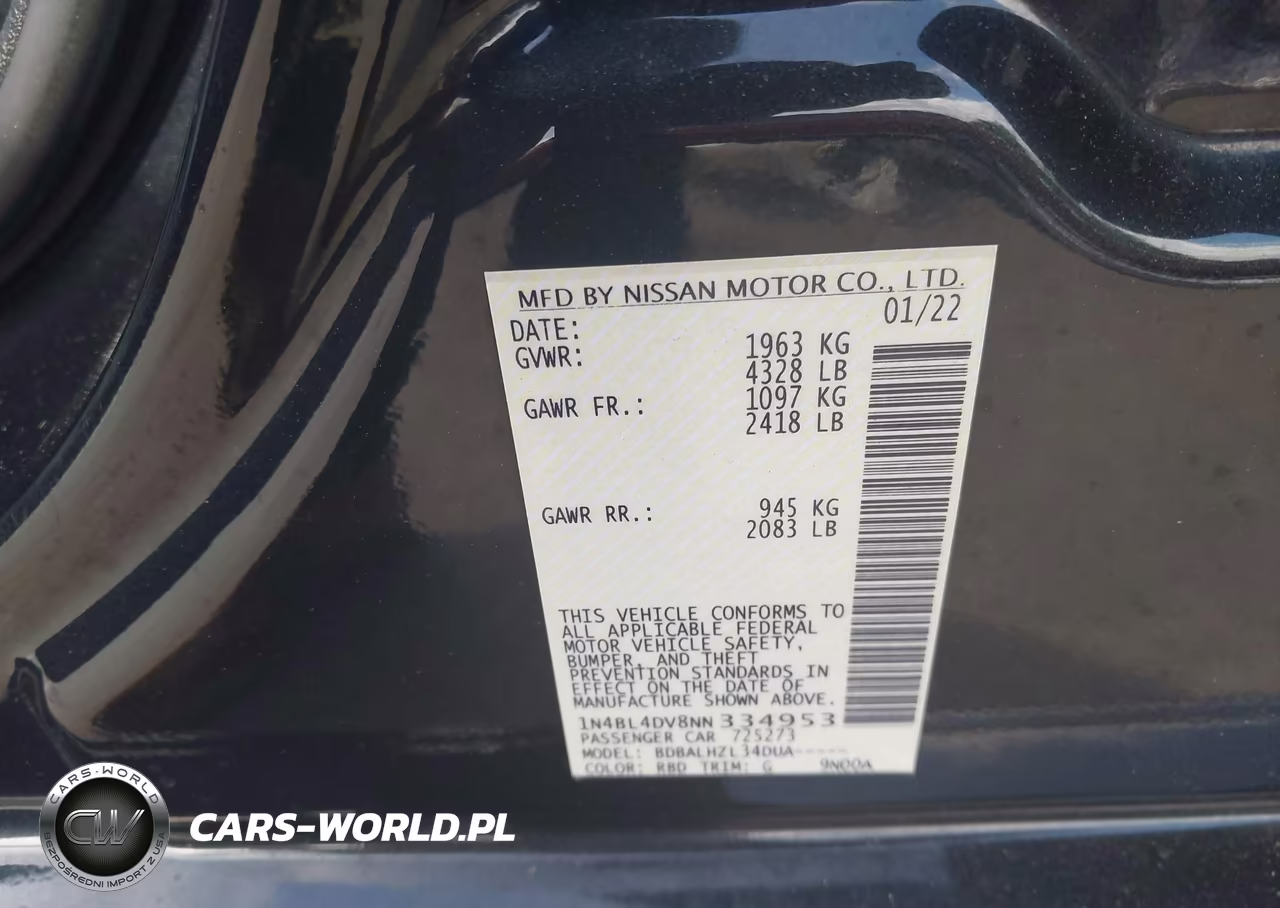 2022 Nissan Altima Sv Fwd VIN:1N4BL4DV8NN334953 - 9