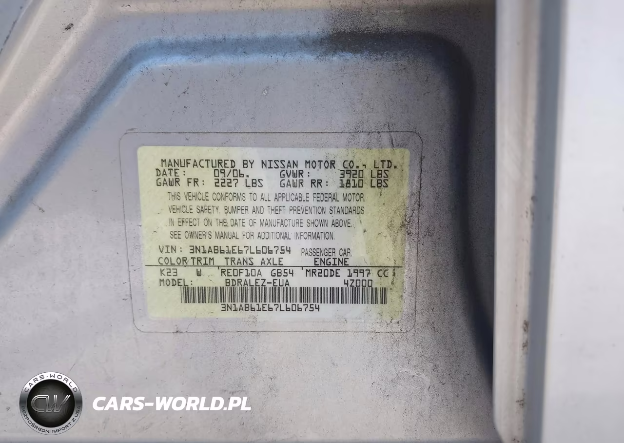 2007 Nissan Sentra 2.0S VIN:3N1AB61E67L606754 - 9