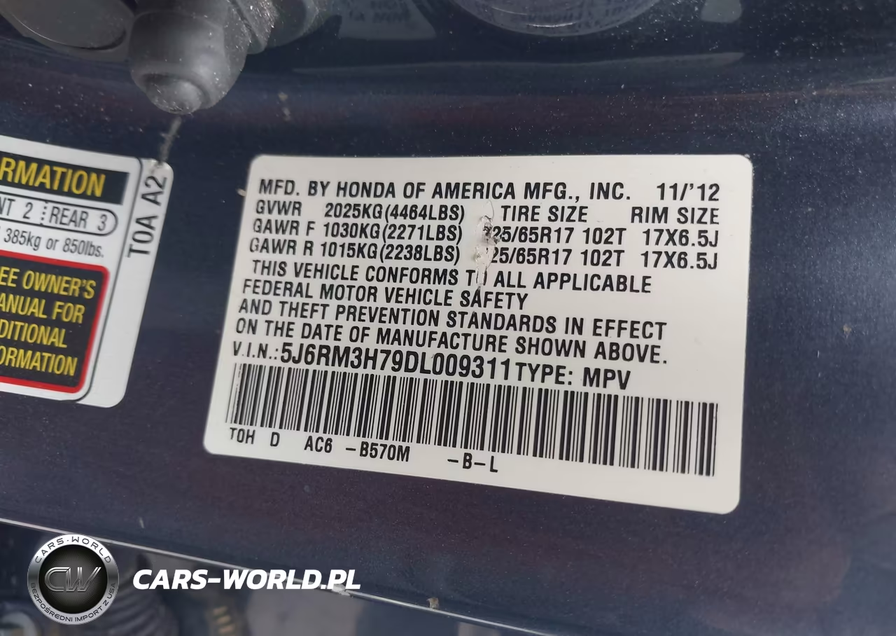 2013 Honda Cr-V Ex-L VIN:5J6RM3H79DL009311 - 9